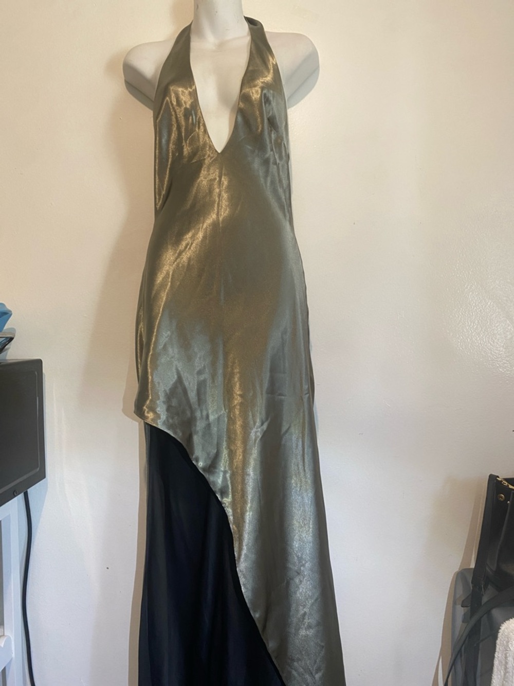 Lovers + Friends Metallic Olive Halter Asymmetrical Gown